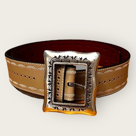 Kathi Kilburn Accessories Accessories - Kathi Kilburn Embellished Leather Belt with Square Silver Buckle in Cream/Beige